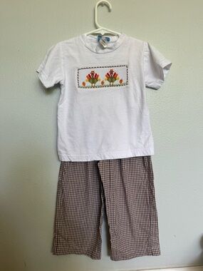 White Tee with Colorful Smocked Turkeys & Brown Gingham Pants
